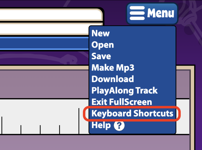 Closeup of keyboard shortcuts for QuaverMusic Creatives accessibility. 